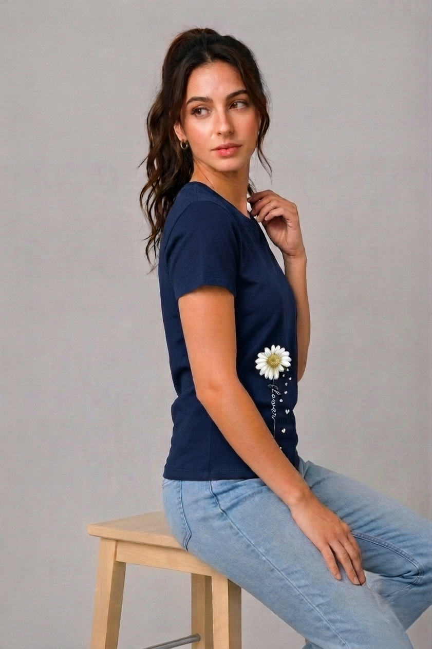 Attire Hub Womens Pure Cotton Navy Blue Long Daisy Printed Round T-Shirt