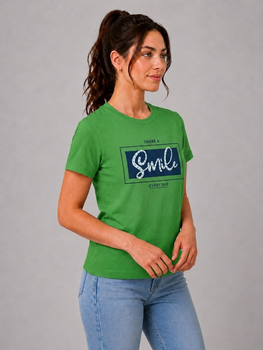 Attire Hub Womens Pure Cotton Grass Green Smile Printed Round T-Shirt