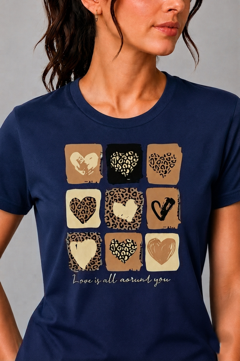 Attire Hub Womens Pure Cotton Navy Blue Heart Printed Round T-Shirt