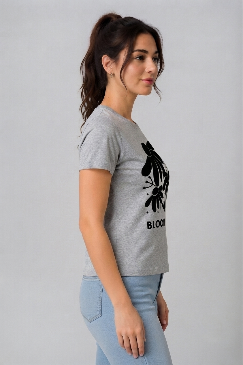 Attire Hub Womens Pure Cotton Grey Bloom and Shine Printed Round T-Shirt
