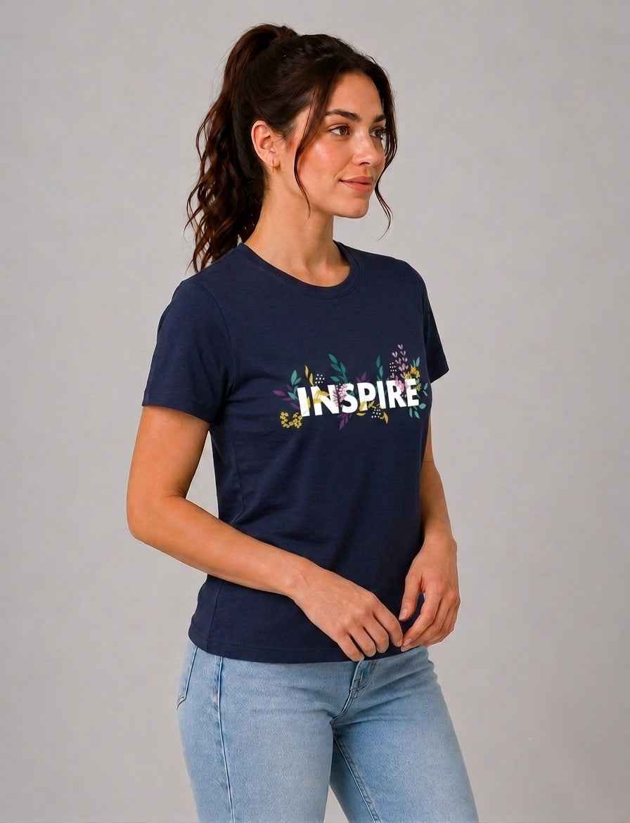Attire Hub Womens Pure Cotton Navy Blue Inspire Printed Round T-Shirt