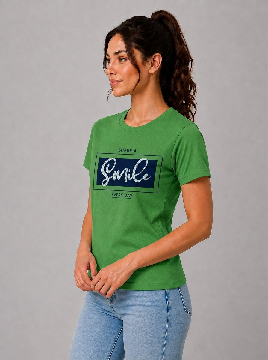 Attire Hub Womens Pure Cotton Grass Green Smile Printed Round T-Shirt