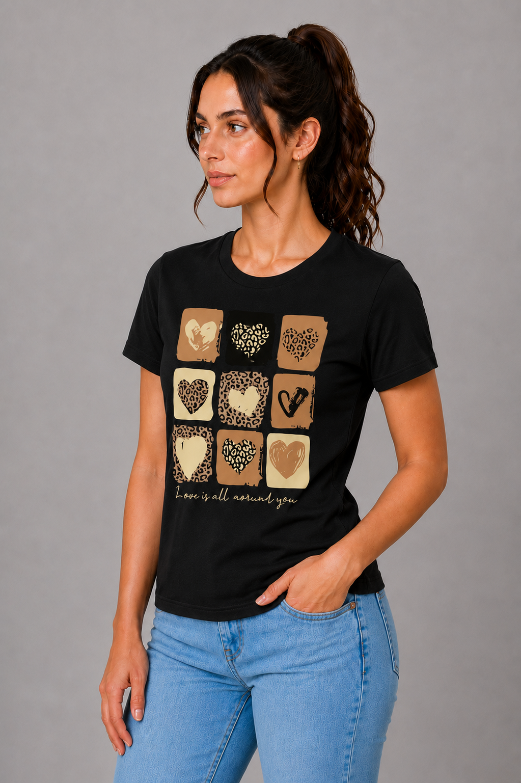 Attire Hub Womens Pure Cotton Black Heart Printed Round T-Shirt