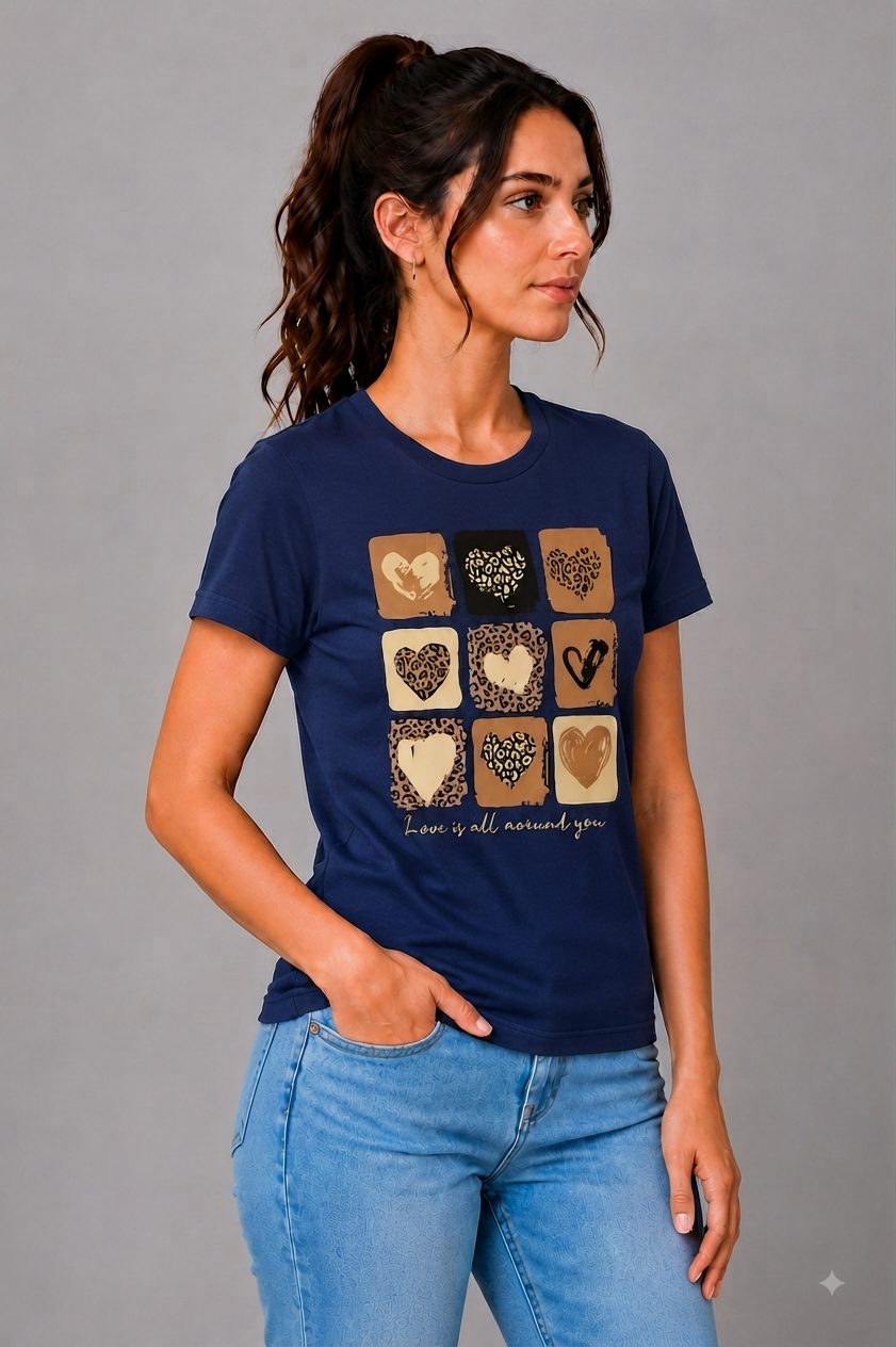 Attire Hub Womens Pure Cotton Navy Blue Heart Printed Round T-Shirt