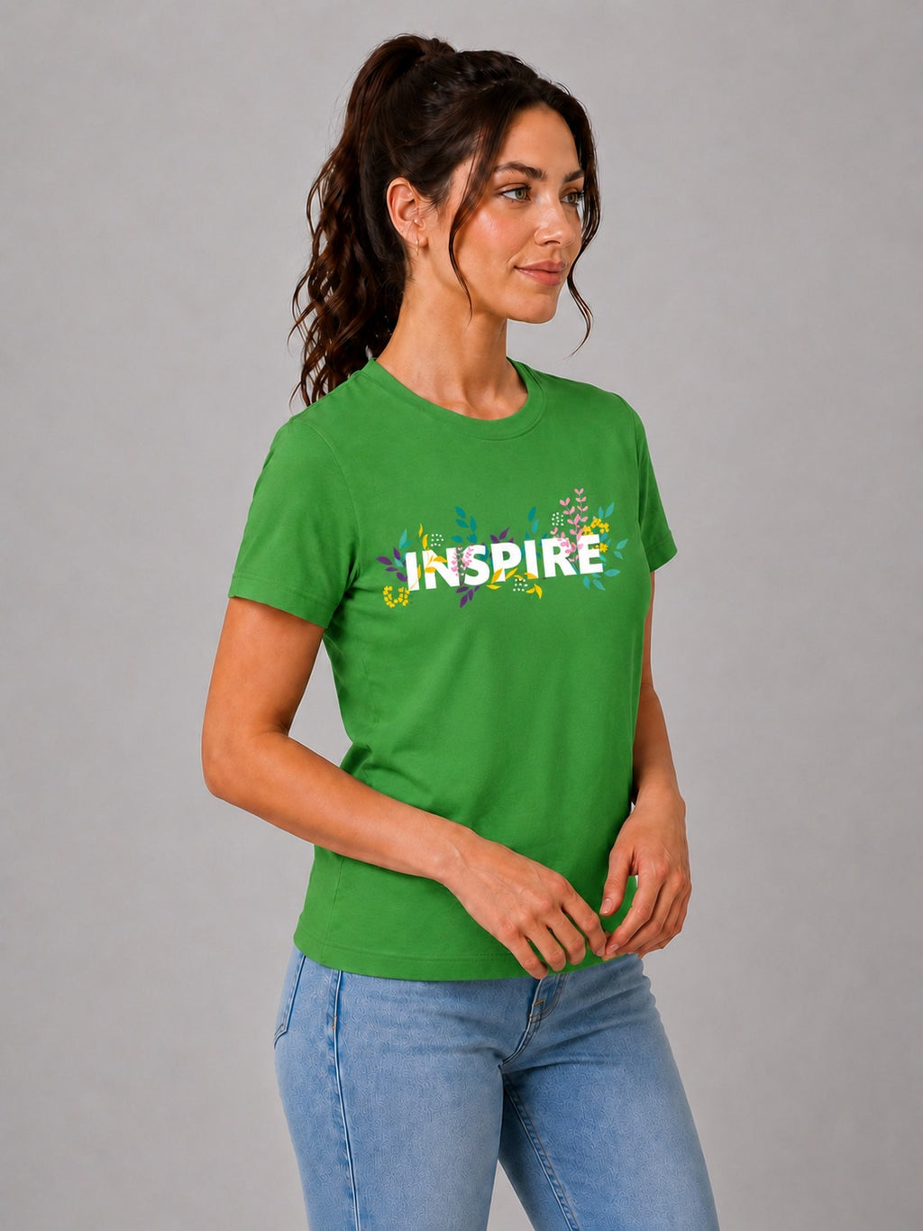 Attire Hub Womens Pure Cotton Grass Green Inspire Printed Round T-Shirt