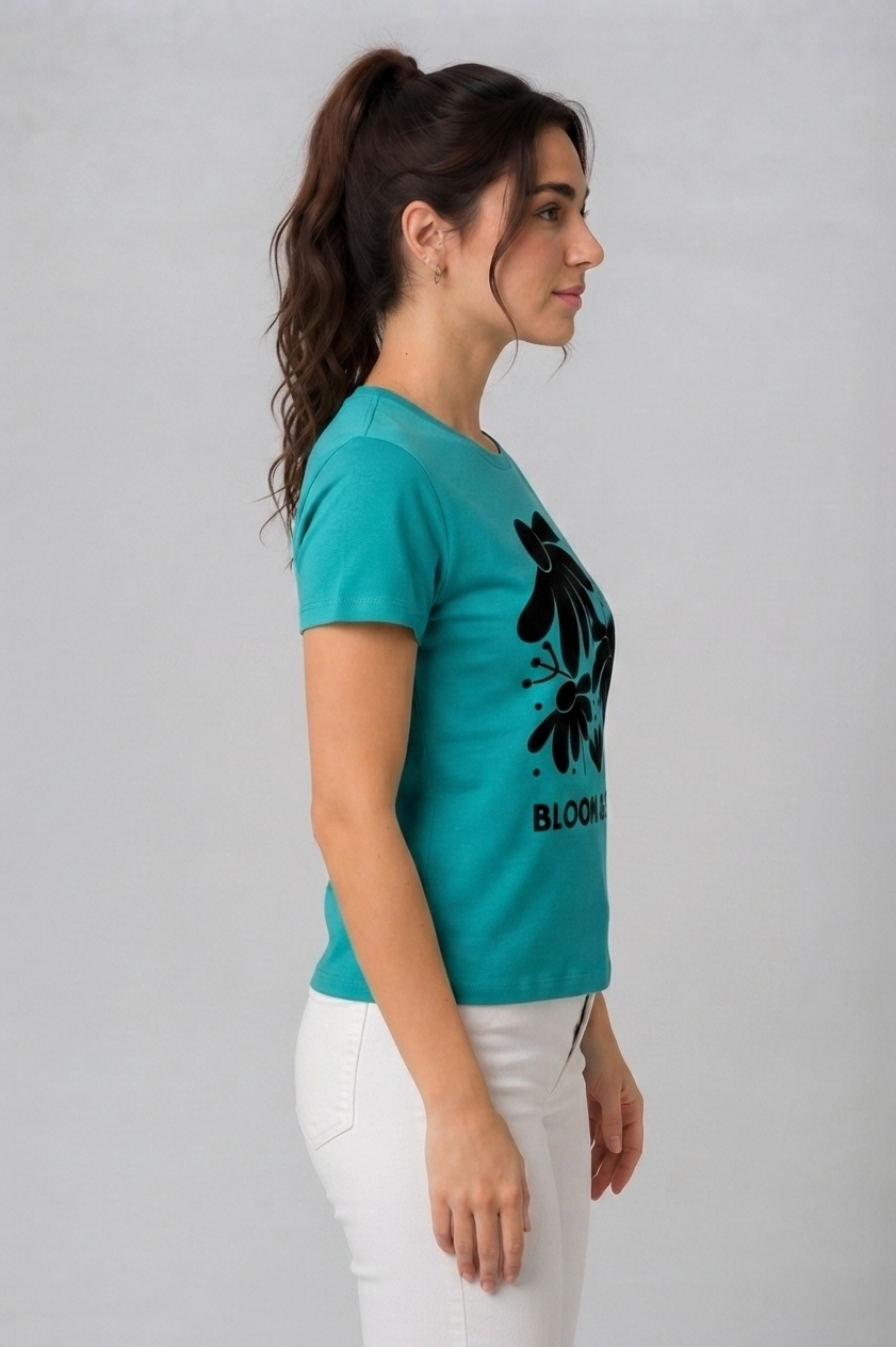 Attire Hub Womens Pure Cotton Teal Bloom and Shine Printed Round T-Shirt