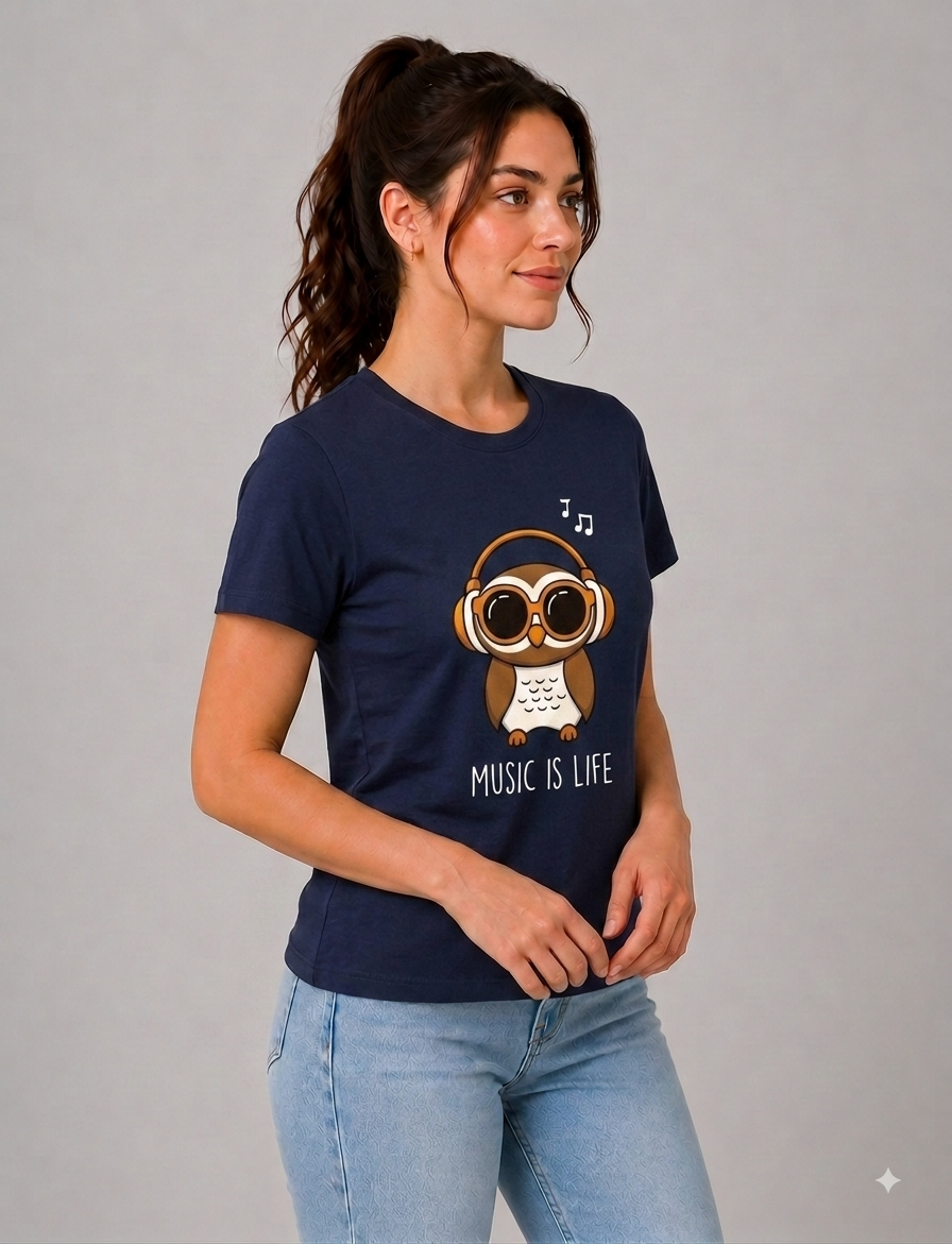 Attire Hub Womens Pure Cotton Navy Blue Owl Printed Round T-Shirt
