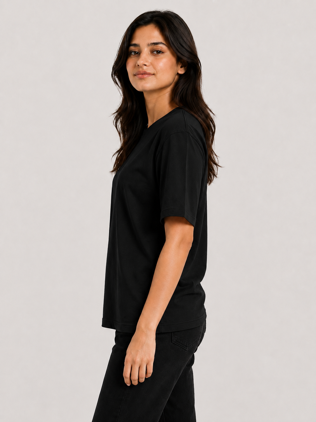 Attire Hub Womens Pure Cotton Black Solid Round Oversized T-Shirt