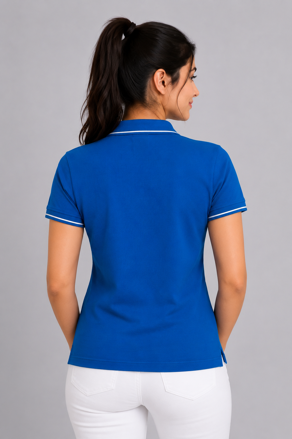 Attire Hub Womens Pure Cotton Royal Blue (White Tipping) Solid Polo T-Shirt