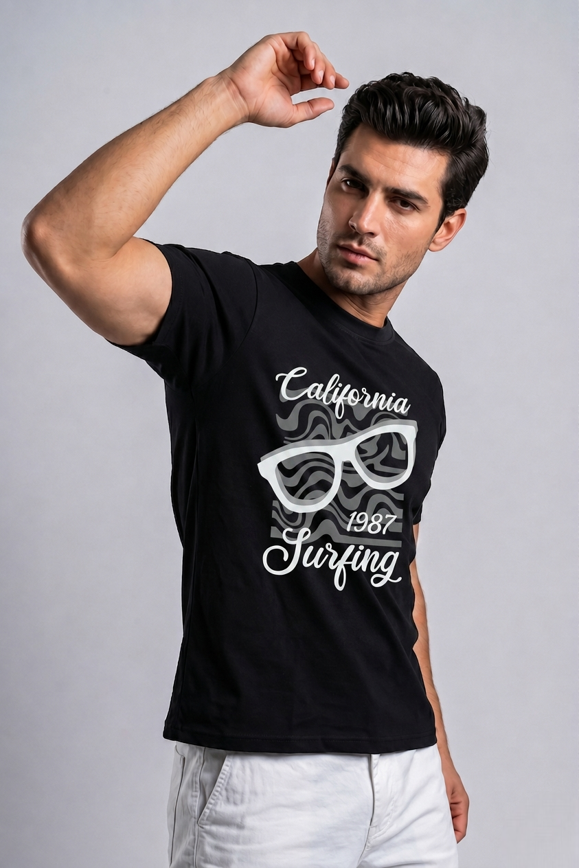 Attire Hub Mens Pure Cotton Black California 1987 Printed Round T-Shirt