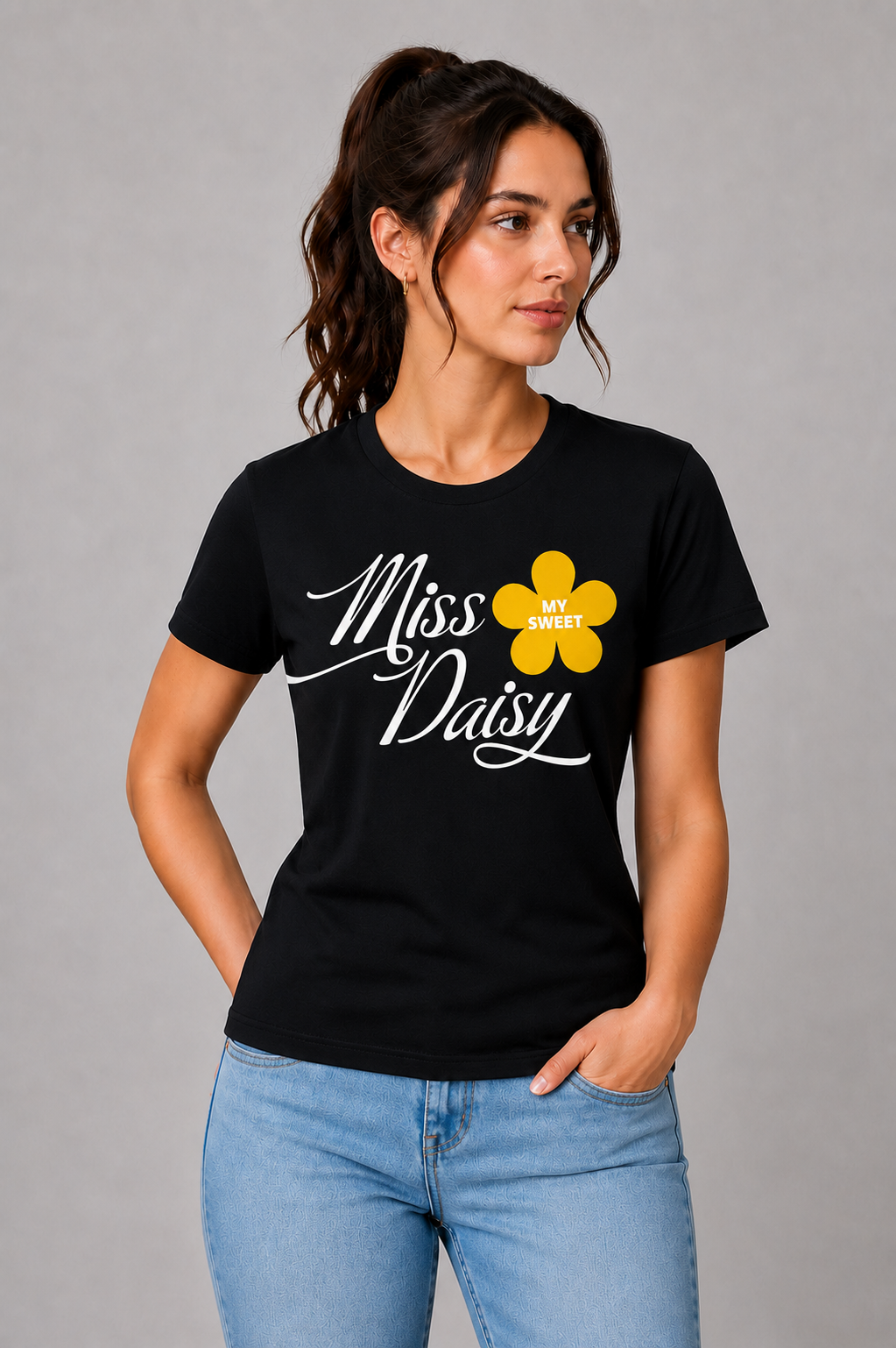 Attire Hub Womens Pure Cotton Black Miss Daisy Printed Round T-Shirt