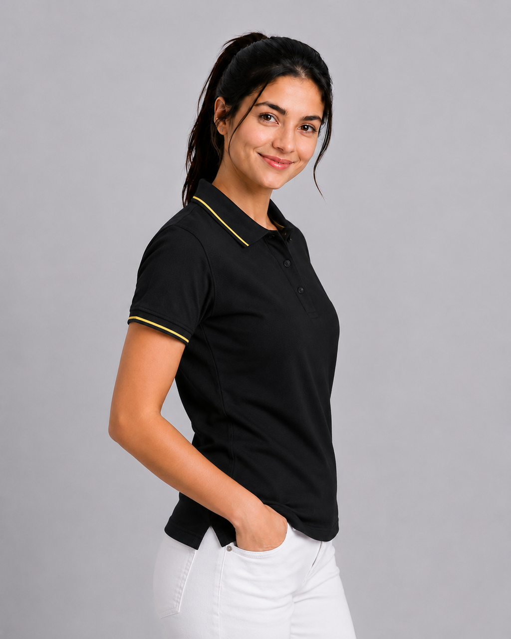 Attire Hub Womens Pure Cotton Black (Yellow Tipping) Solid Polo T-Shirt