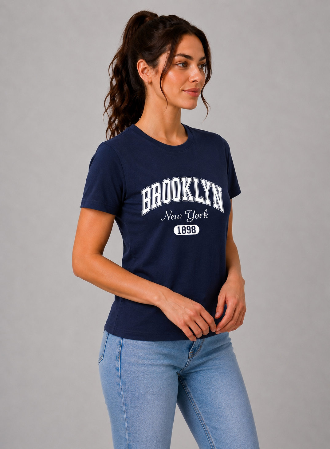 Attire Hub Womens Pure Cotton Navy Blue Brroklyn Printed Round T-Shirt