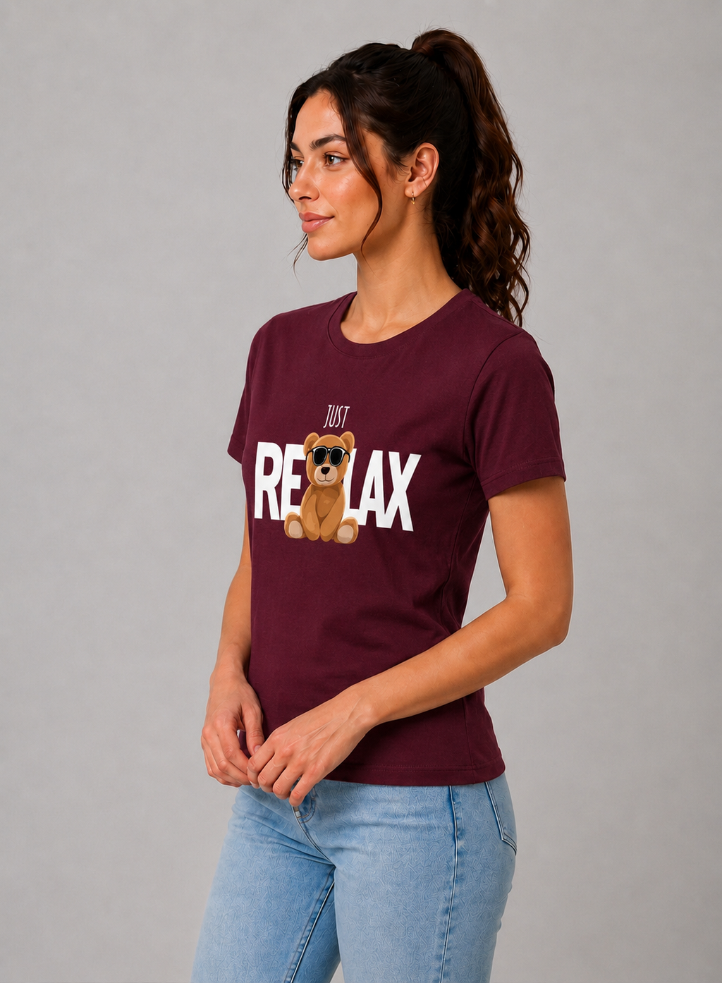 Attire Hub Womens Pure Cotton Maroon Relax Printed Round T-Shirt