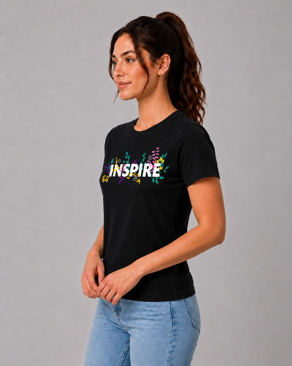 Attire Hub Womens Pure Cotton Black Inspire Printed Round T-Shirt