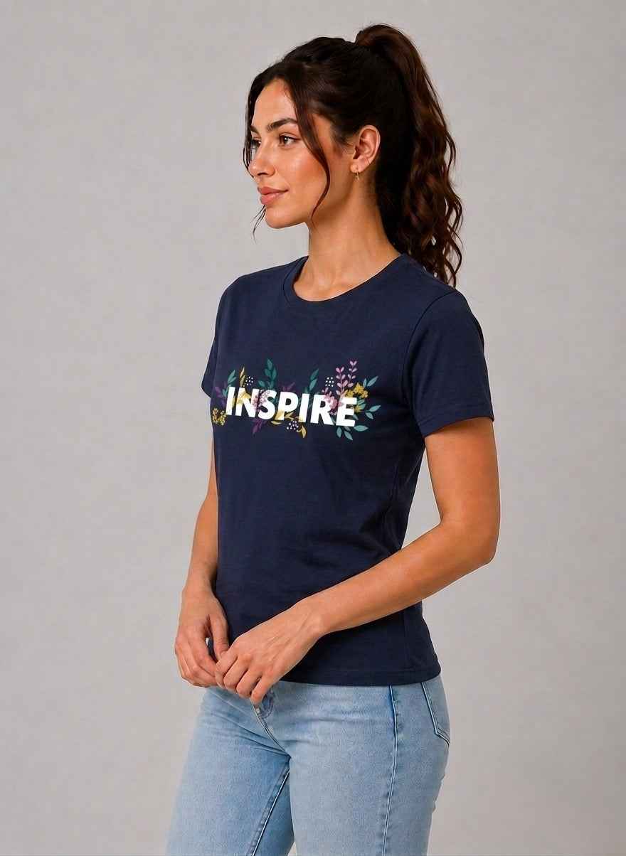Attire Hub Womens Pure Cotton Navy Blue Inspire Printed Round T-Shirt