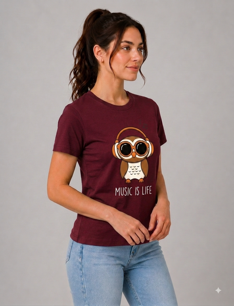 Attire Hub Womens Pure Cotton Maroon Owl Printed Round T-Shirt