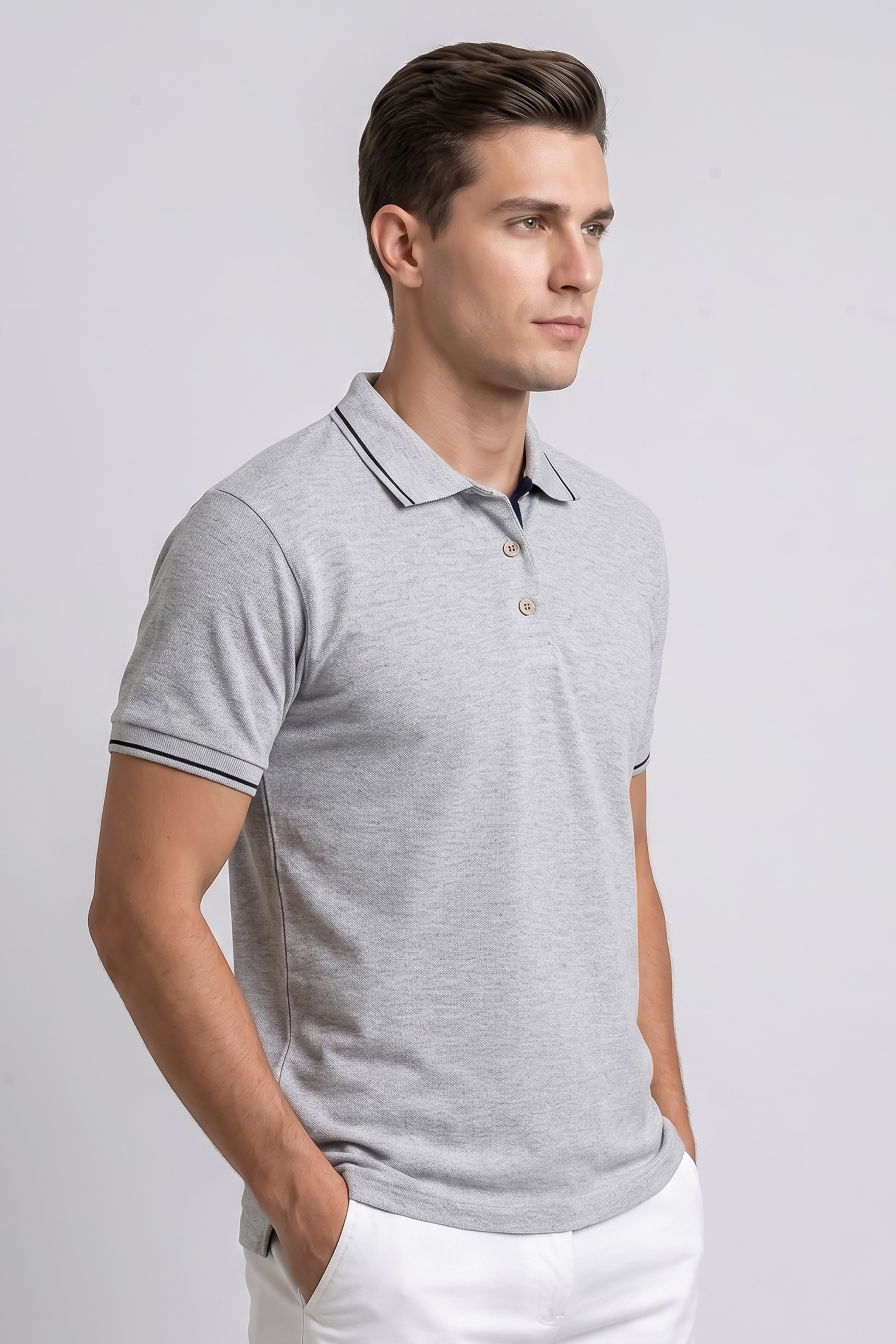 Attire Hub Mens Pure Cotton Grey (Black Tipping) Solid Polo T-Shirt