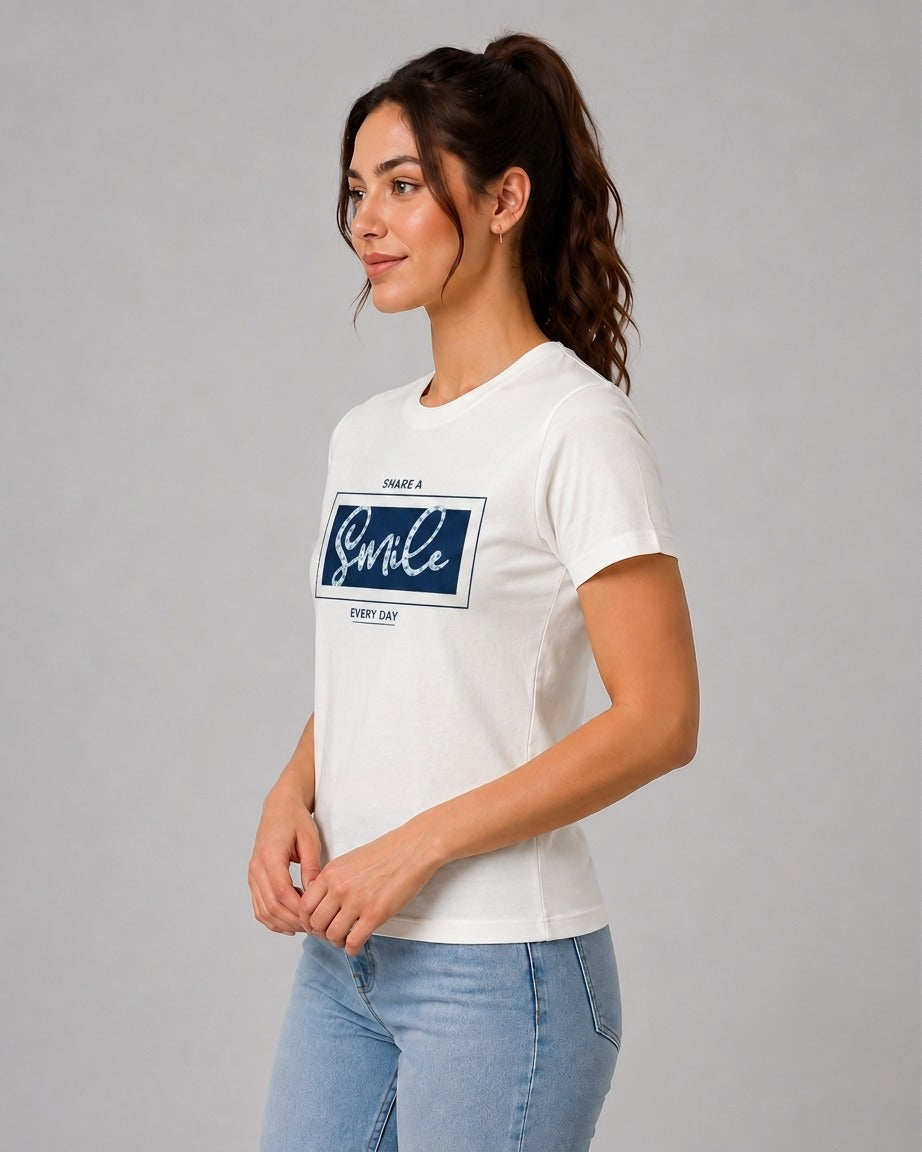 Attire Hub Womens Pure Cotton White Smile Printed Round T-Shirt