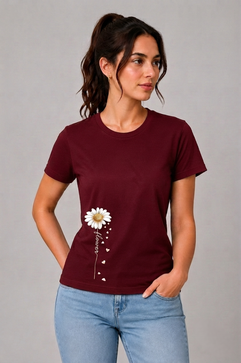 Attire Hub Womens Pure Cotton Maroon Long Daisy Printed Round T-Shirt