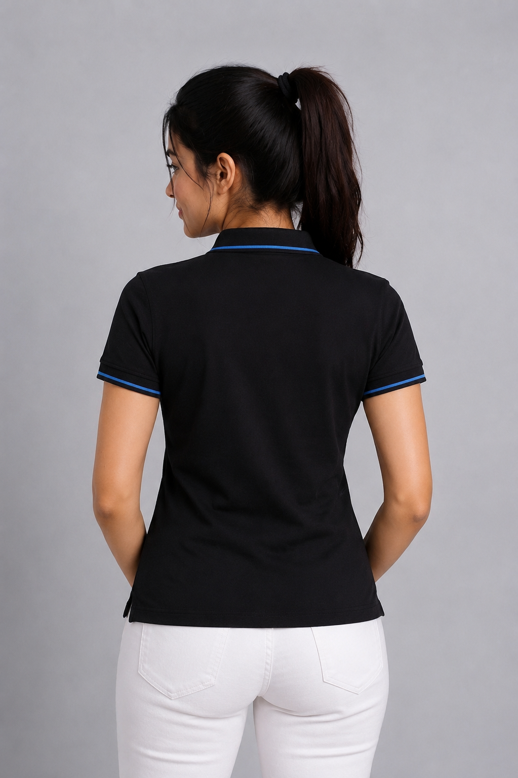 Attire Hub Womens Pure Cotton Black (Blue Tipping) Solid Polo T-Shirt