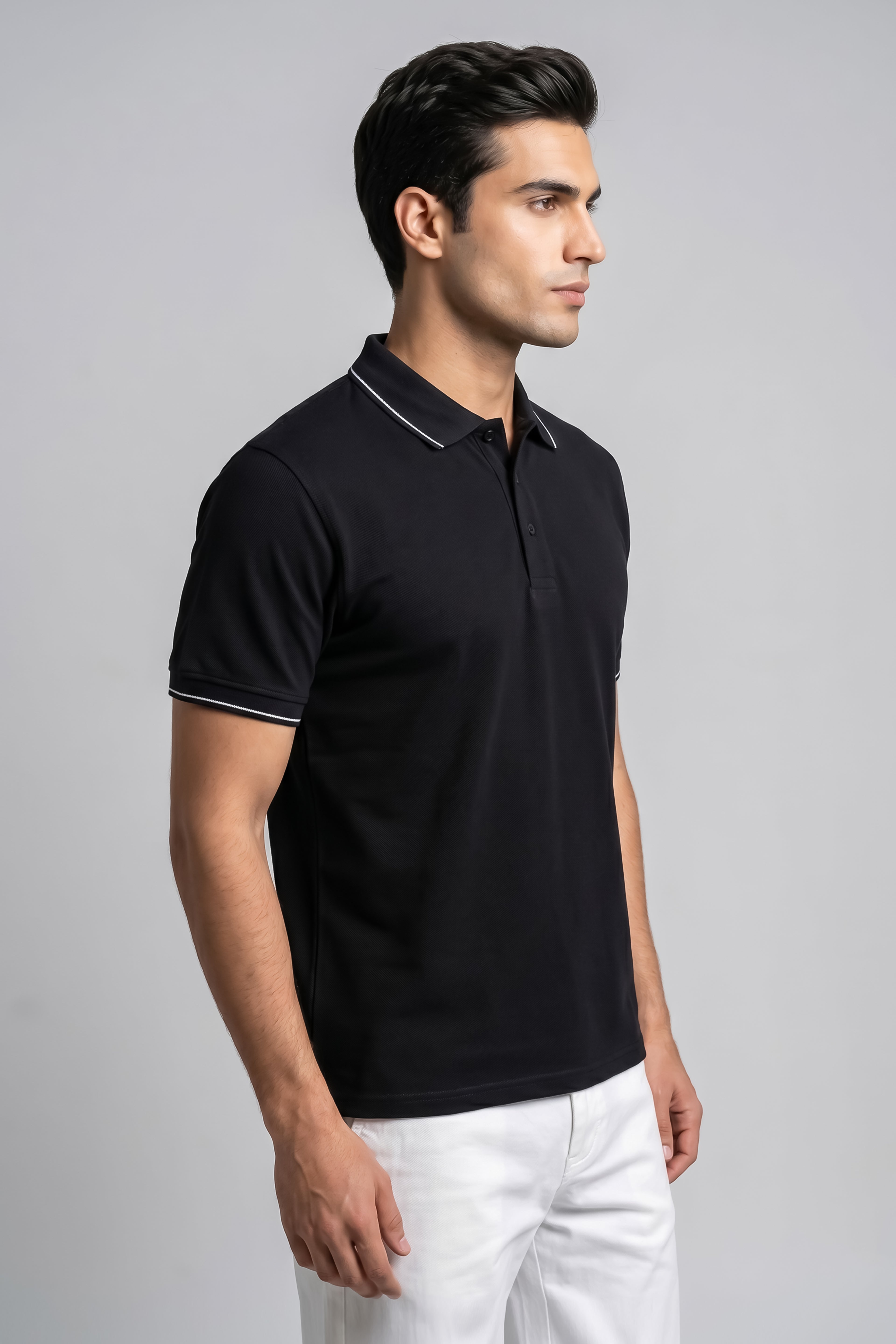Attire Hub Mens Pure Cotton Black (White Tipping) Solid Polo T-Shirt