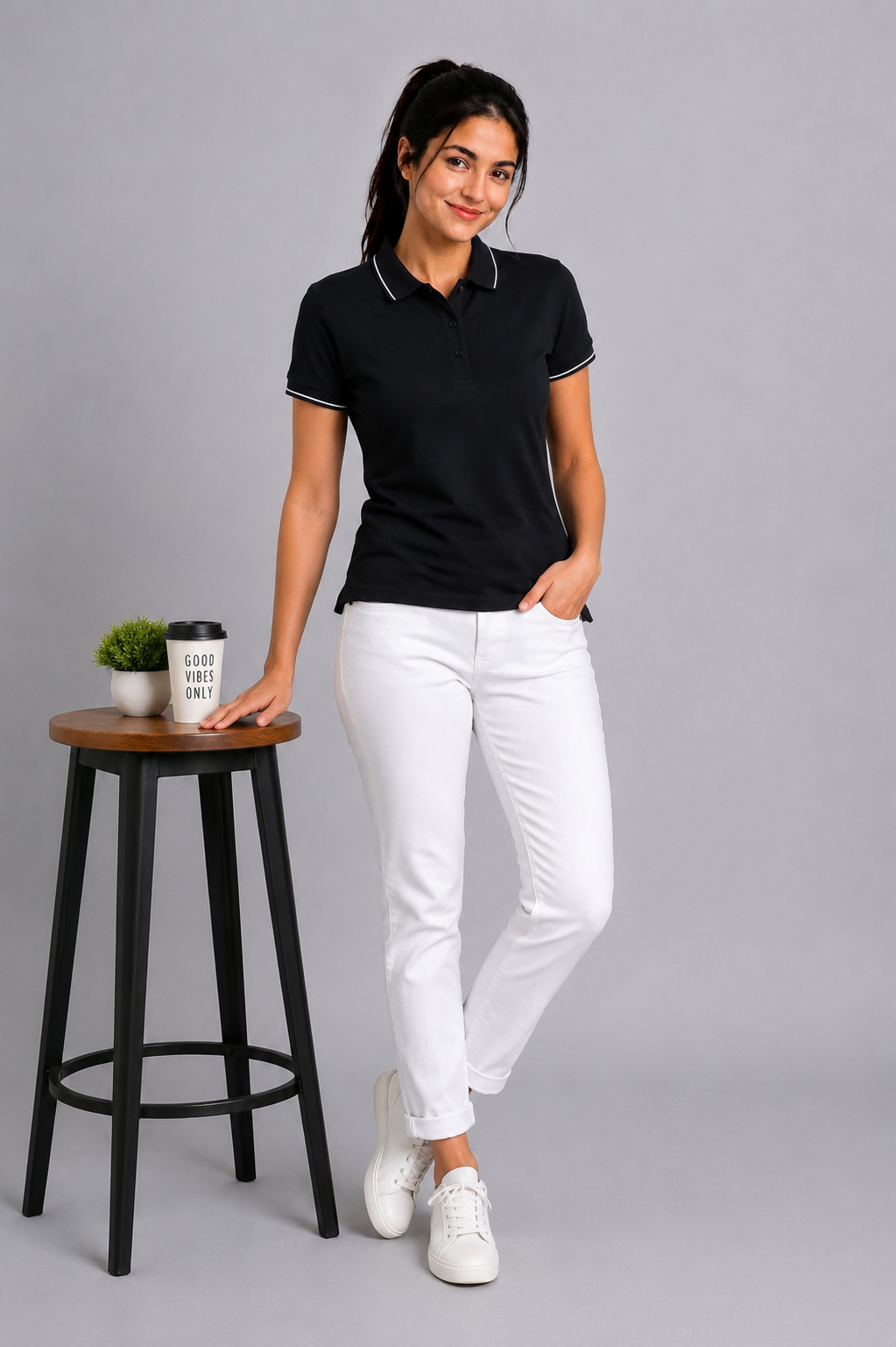 Attire Hub Womens Pure Cotton Black (White Tipping) Solid Polo T-Shirt