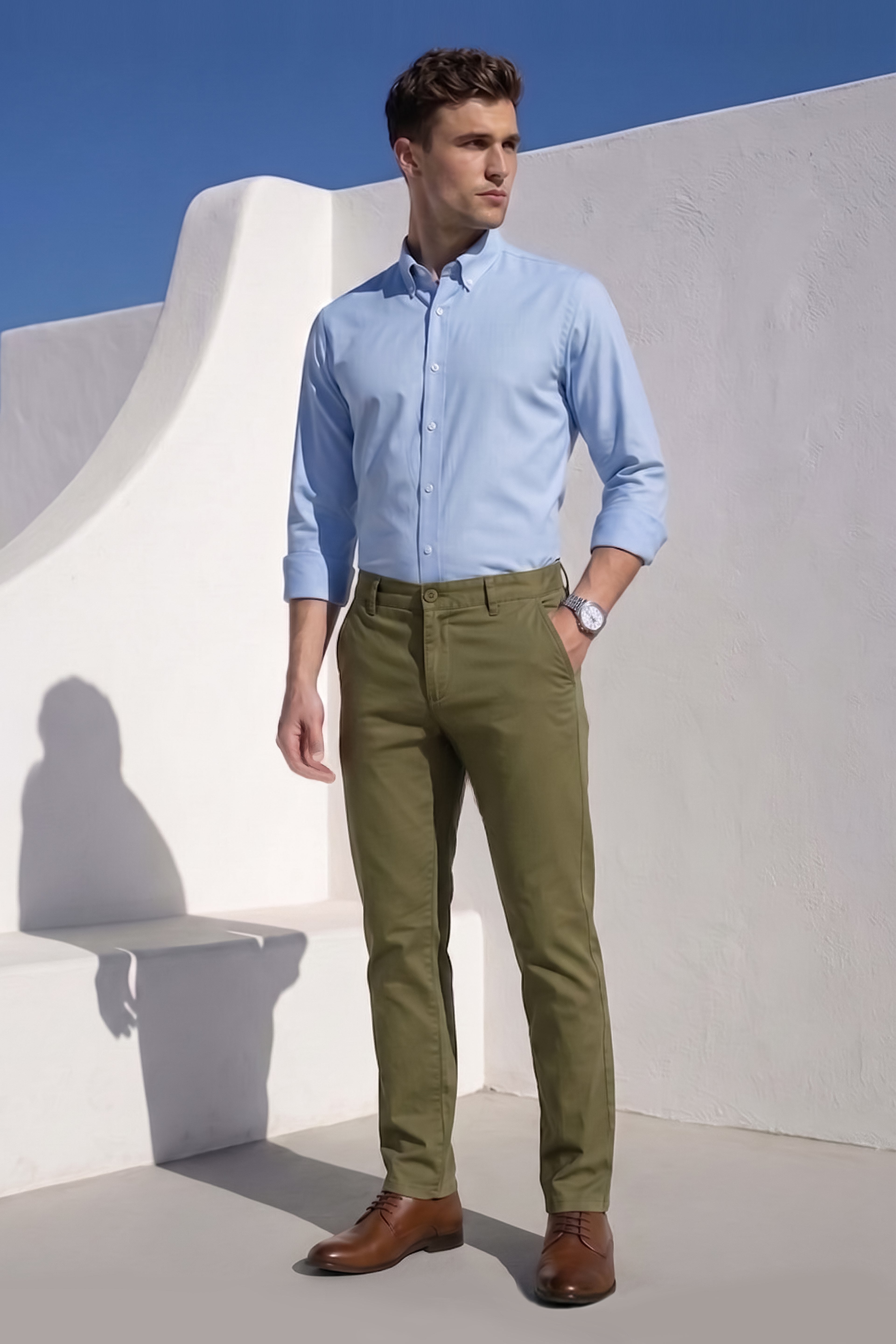 Attire Hub Mens Pure Cotton Olive Solid Chinos