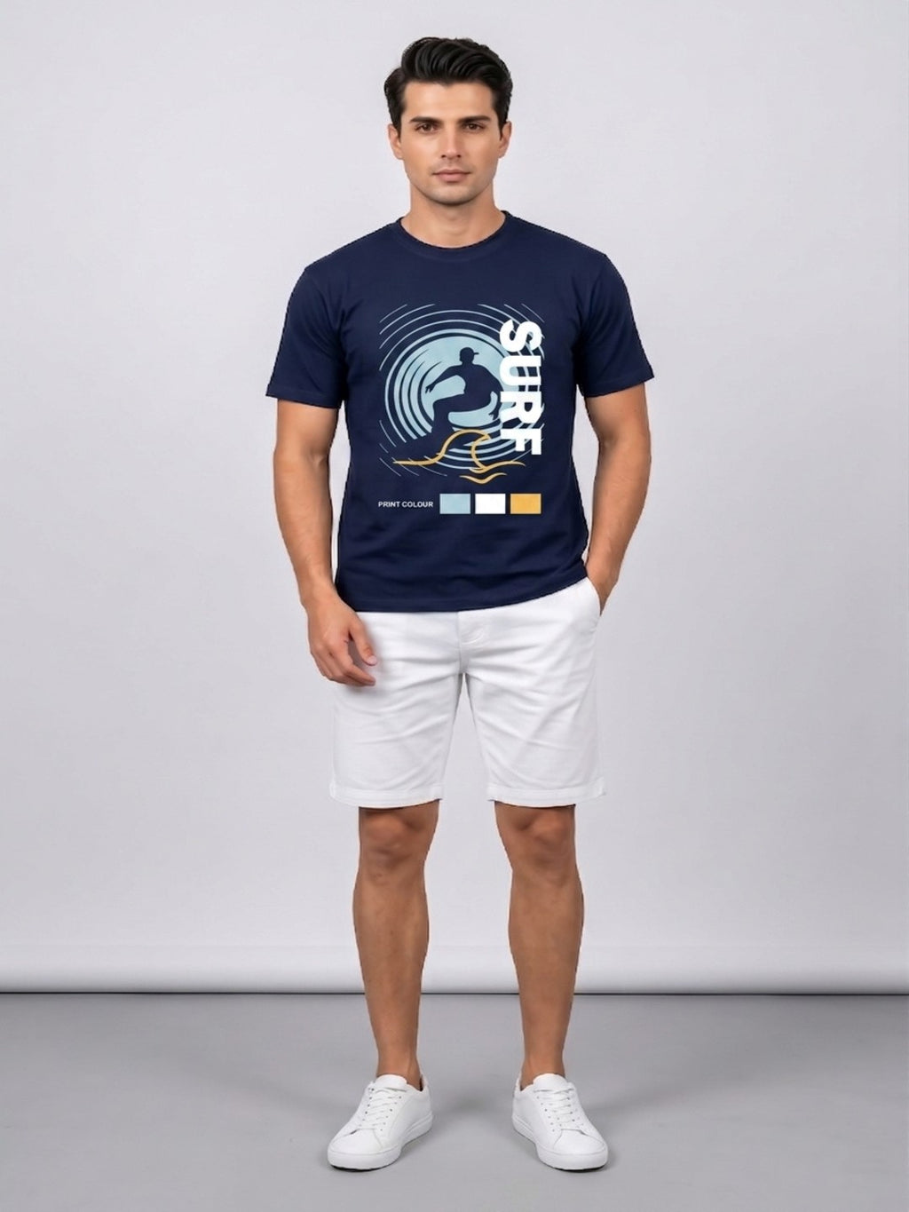 Attire Hub Mens Pure Cotton Navy Surf Printed Round T-Shirt