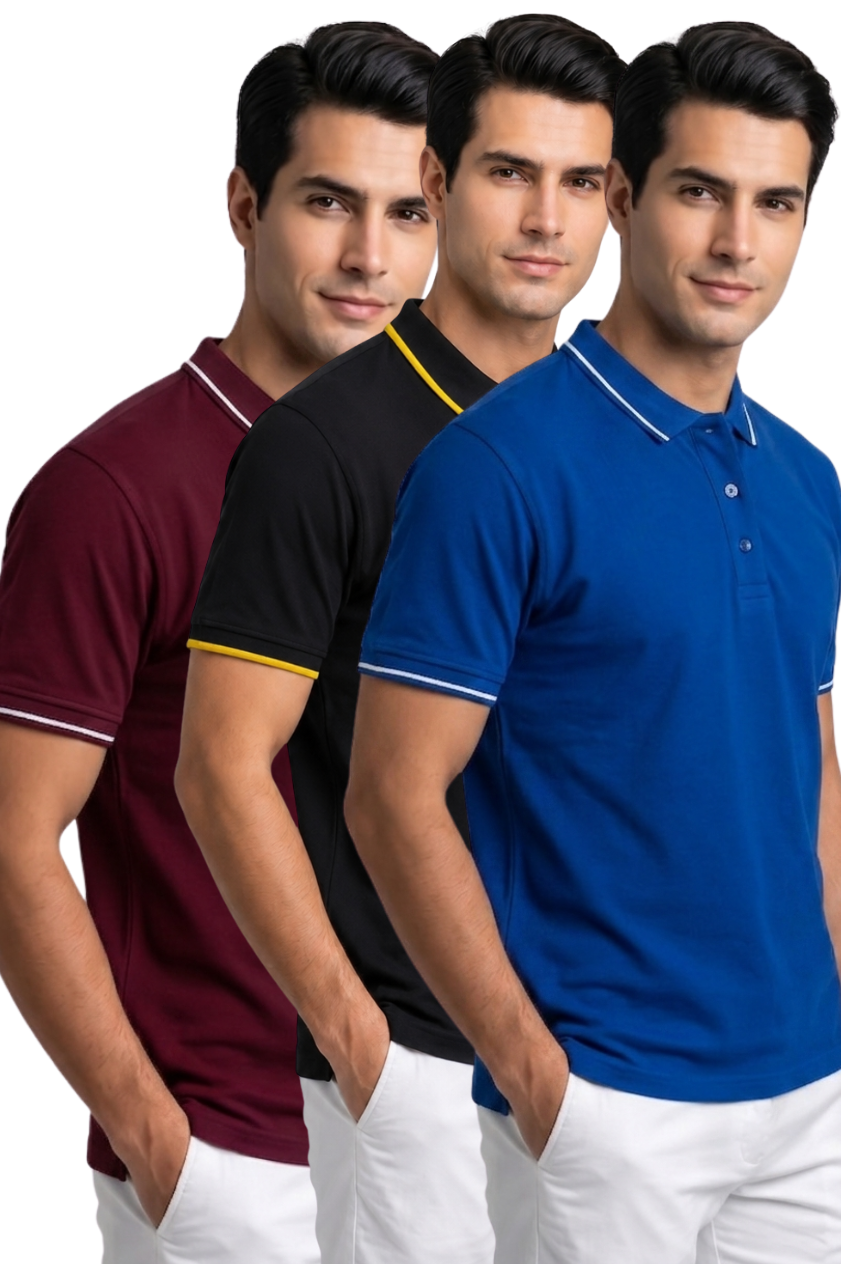 Attire Hub Mens Pure Cotton Multi Pack Polo Polo T-Shirt (Pack of 3)