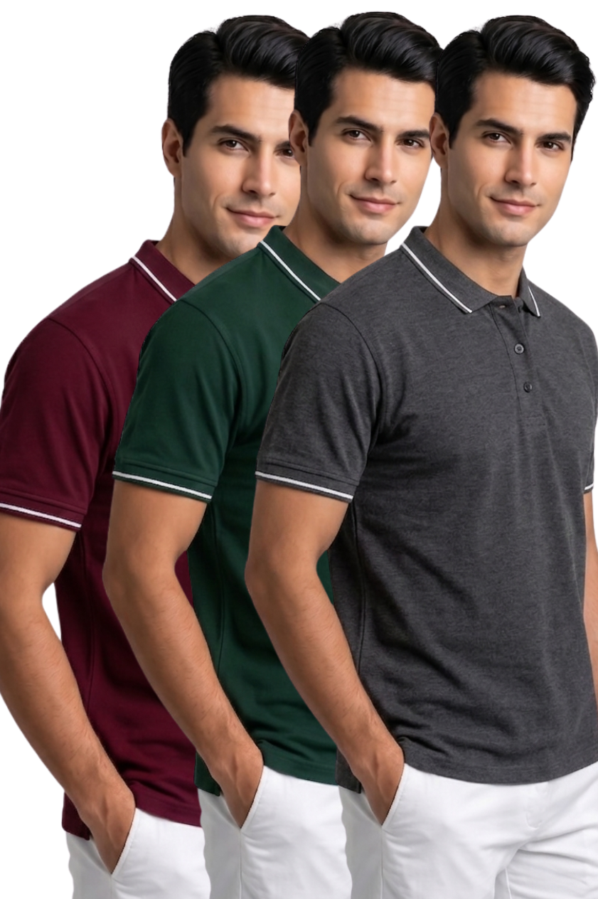 Attire Hub Mens Pure Cotton Multi Pack Polo Polo T-Shirt (Pack of 3)