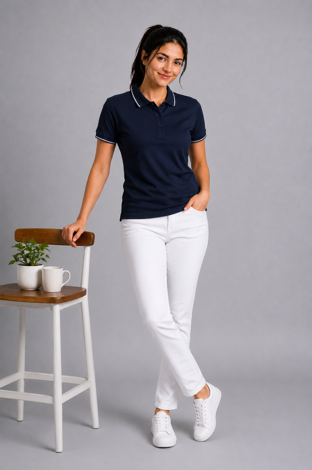 Attire Hub Womens Pure Cotton Navy (White Tipping) Solid Polo T-Shirt