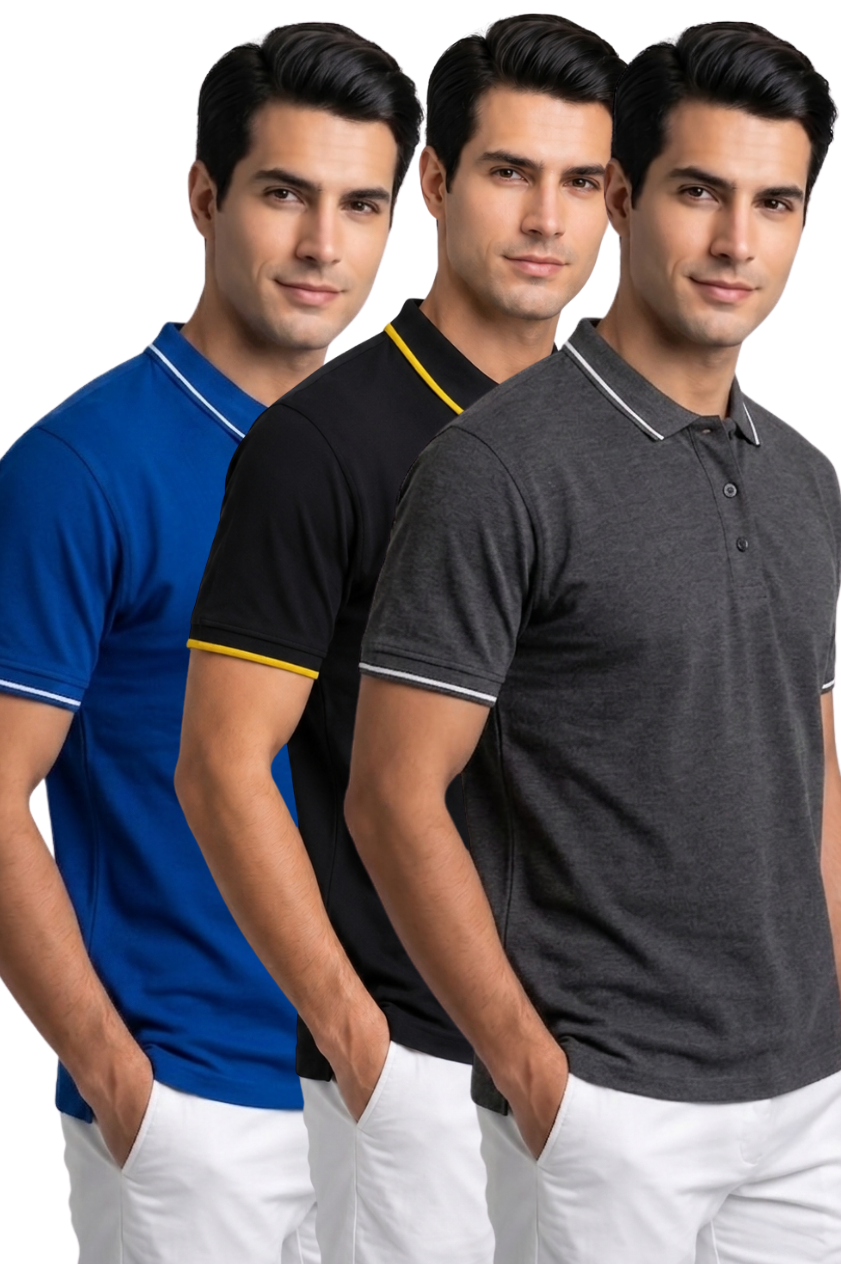 Attire Hub Mens Pure Cotton Multi Pack Polo Polo T-Shirt (Pack of 3)