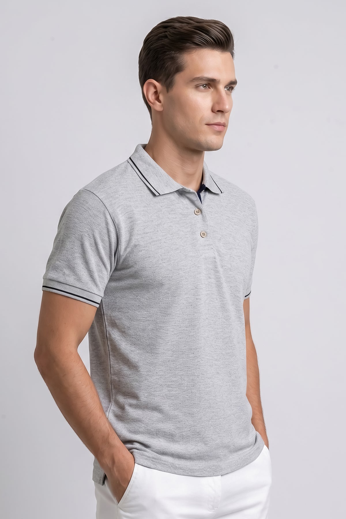 Attire Hub Mens Pure Cotton Grey (Black Tipping) Solid Polo T-Shirt
