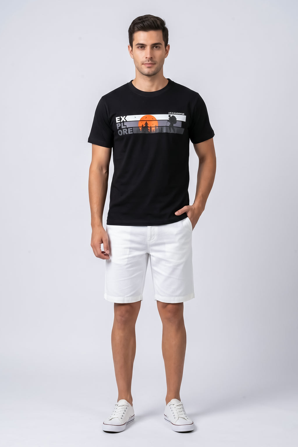 Attire Hub Mens Pure Cotton Black Explore Printed Round T-Shirt