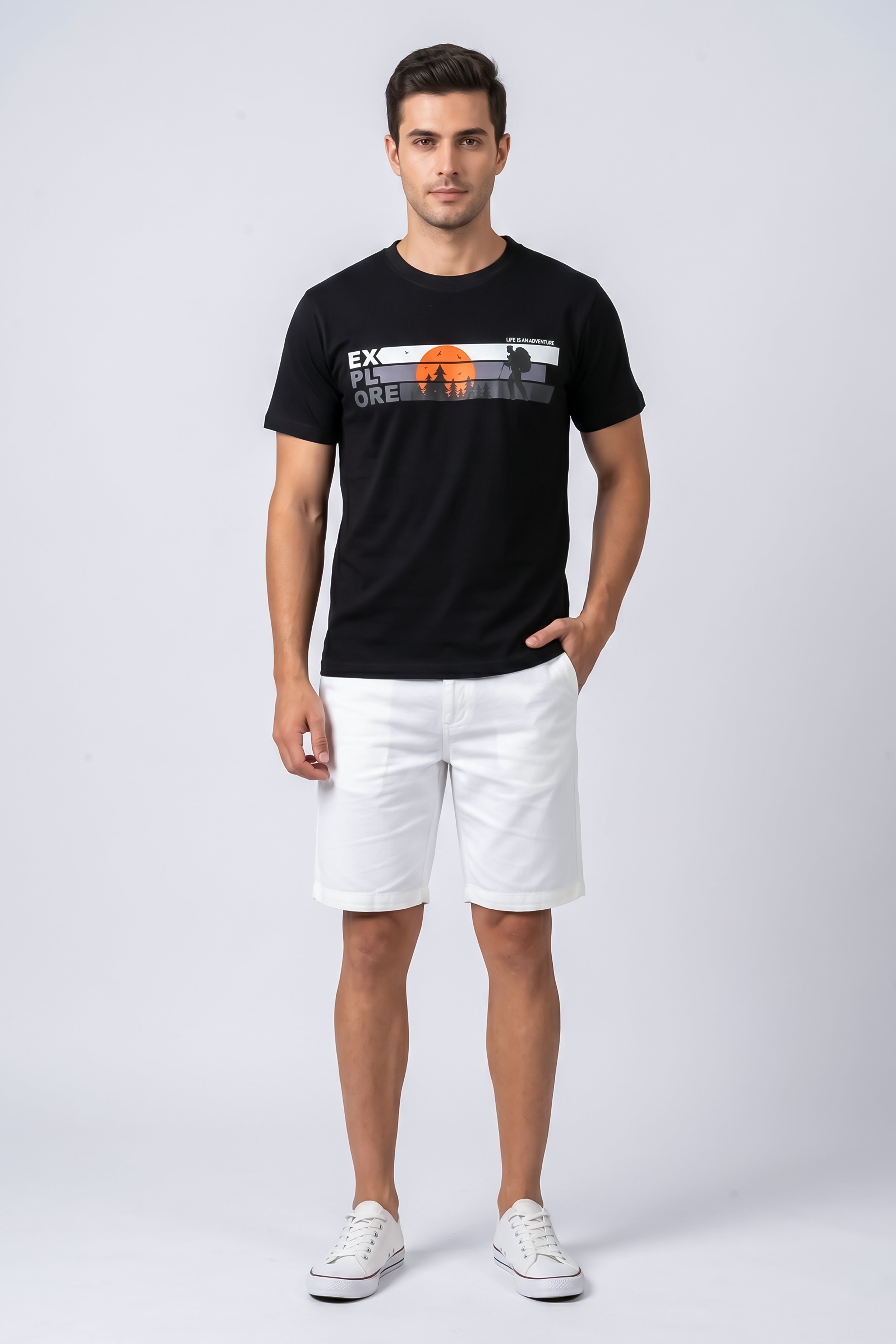 Attire Hub Mens Pure Cotton Black Explore Printed Round T-Shirt