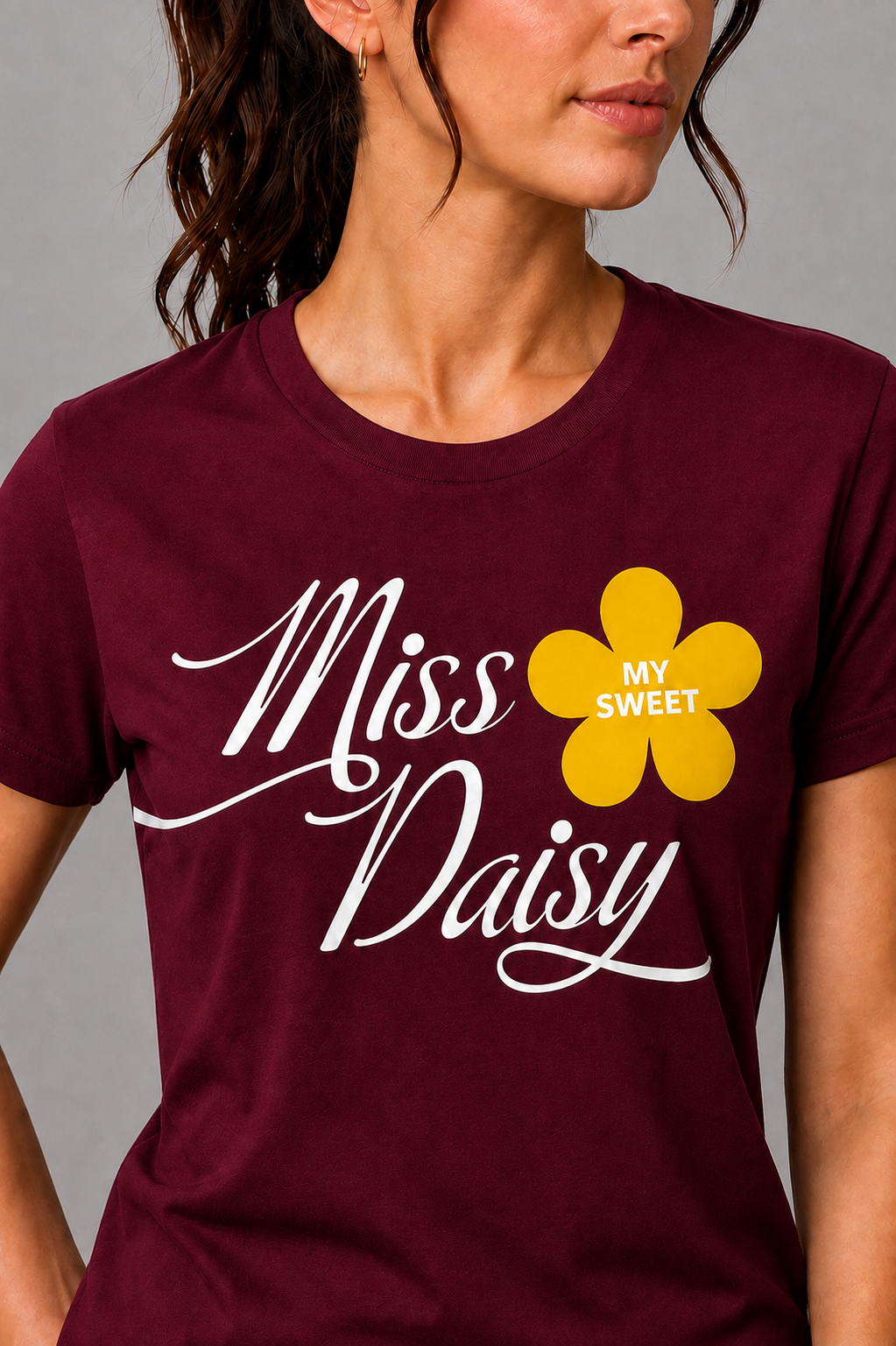 Attire Hub Womens Pure Cotton Maroon Miss Daisy Printed Round T-Shirt