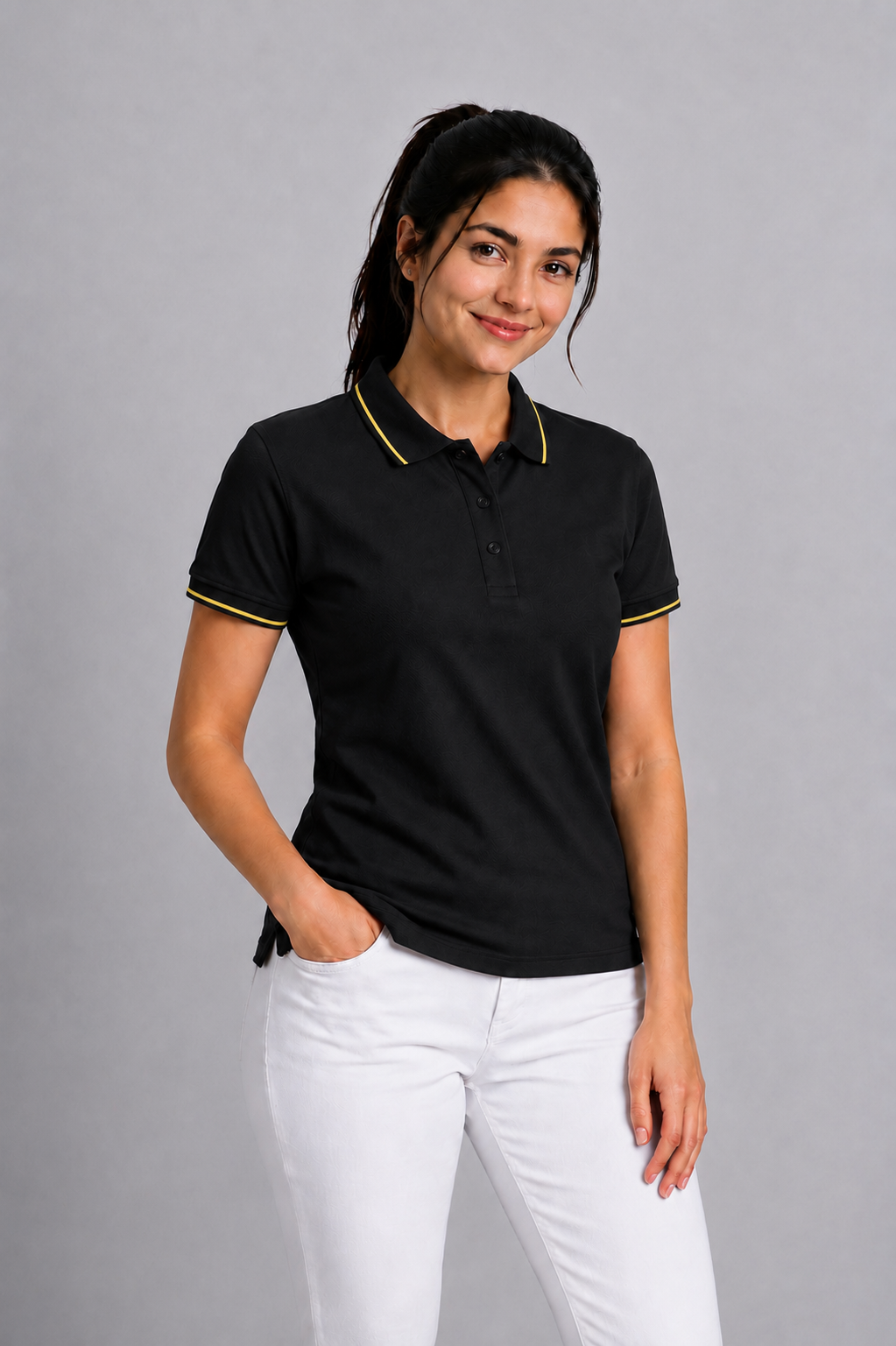 Attire Hub Womens Pure Cotton Black (Yellow Tipping) Solid Polo T-Shirt