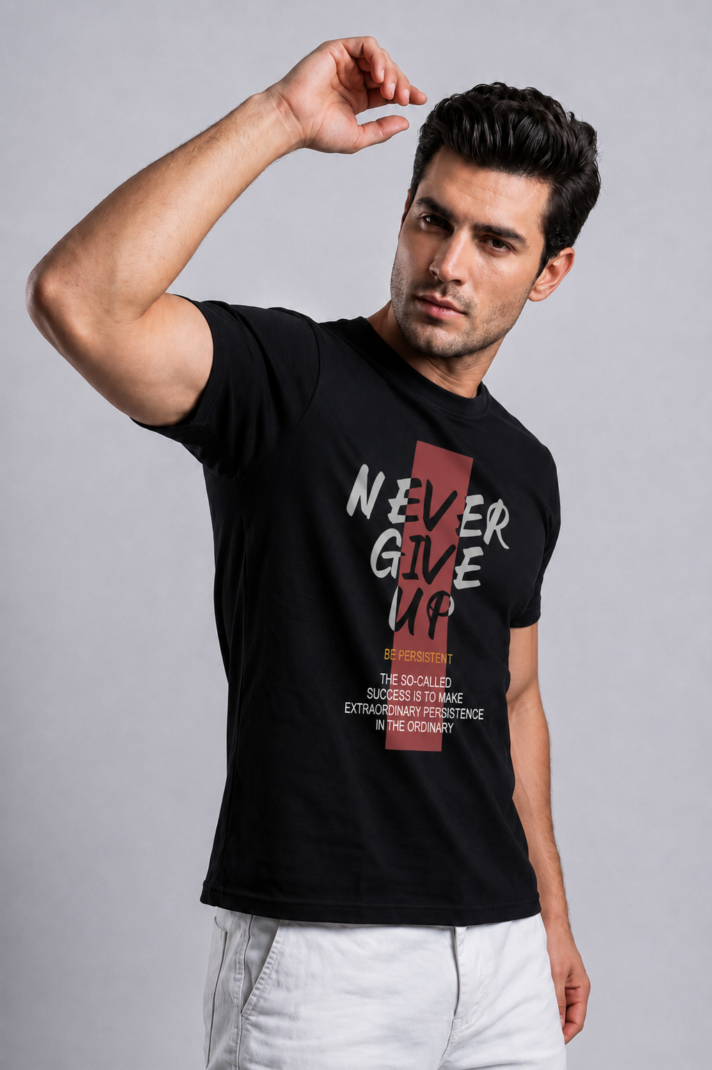 Attire Hub Mens Pure Cotton Black Neva Give Up Printed Round T-Shirt