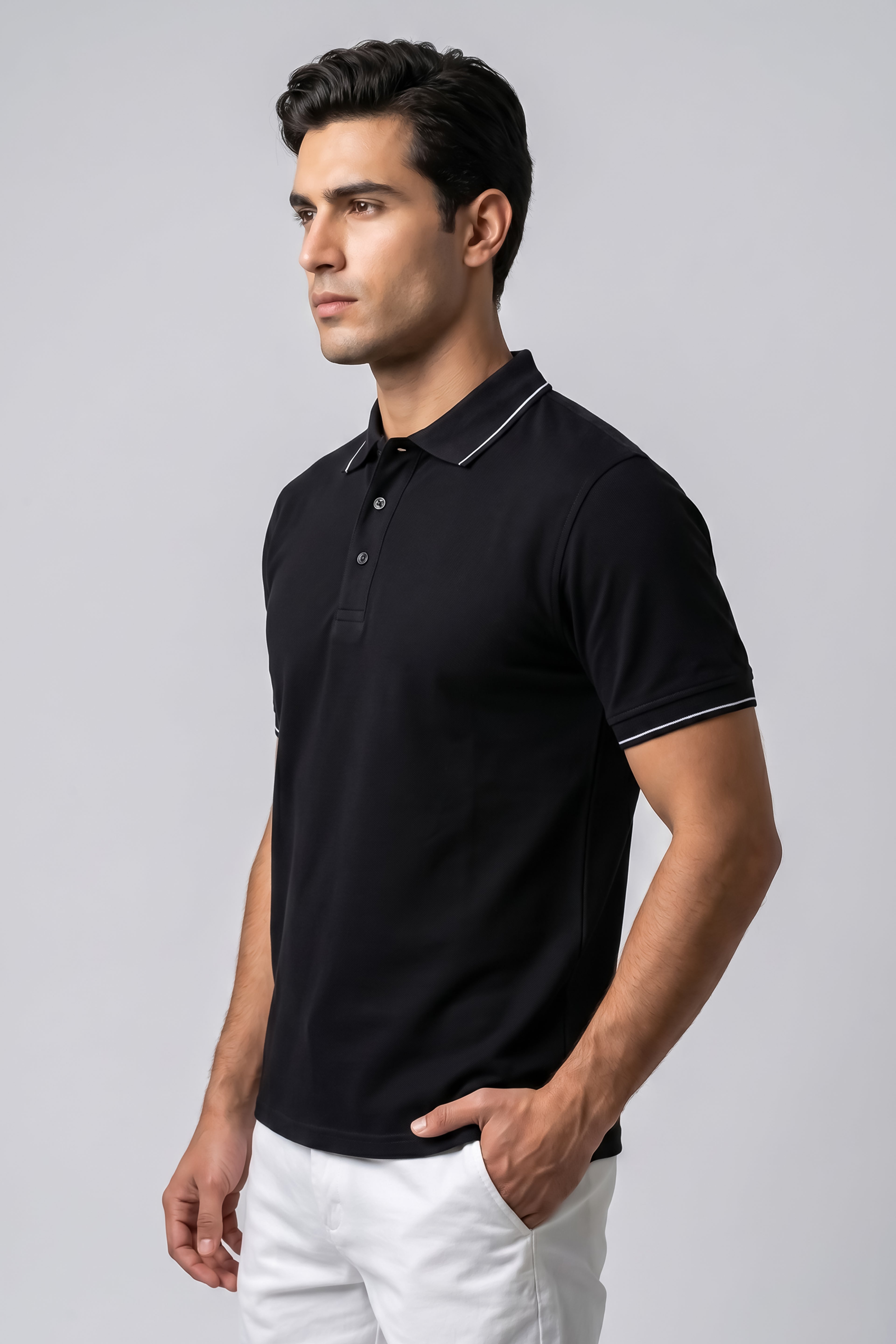 Attire Hub Mens Pure Cotton Black (White Tipping) Solid Polo T-Shirt