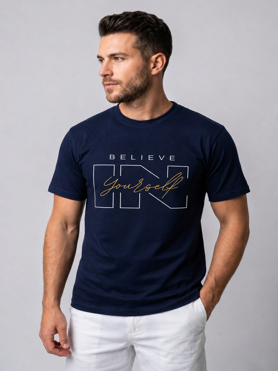 Attire Hub Mens Pure Cotton Navy Believe In Yourself Printed Round T-Shirt