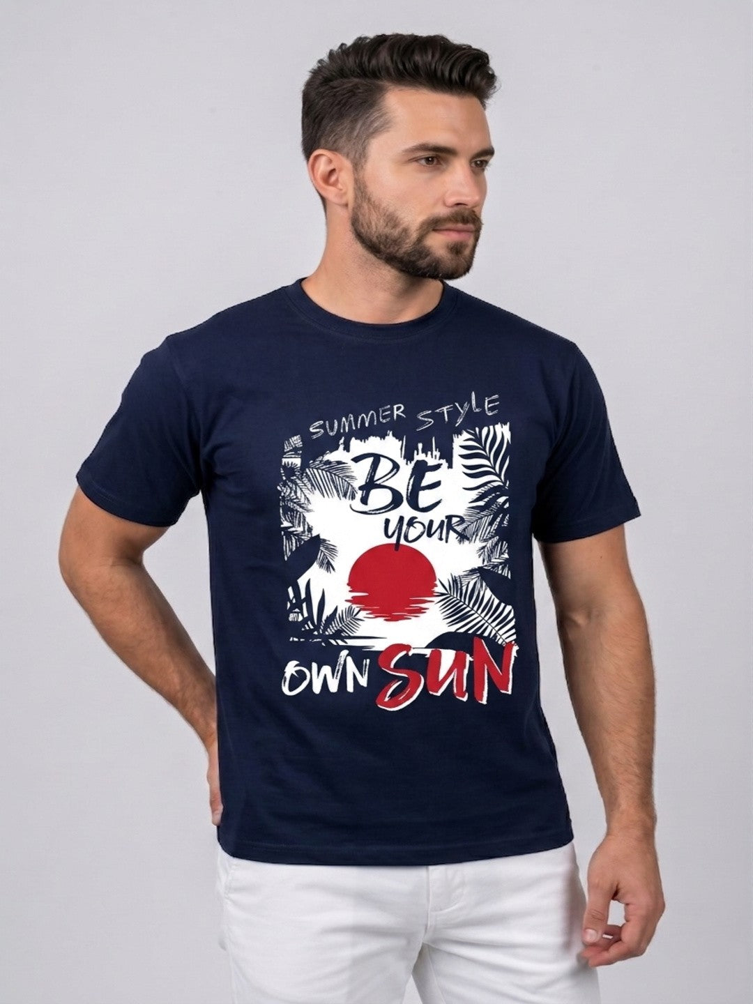Attire Hub Mens Pure Cotton Navy Summer Style Printed Round T-Shirt
