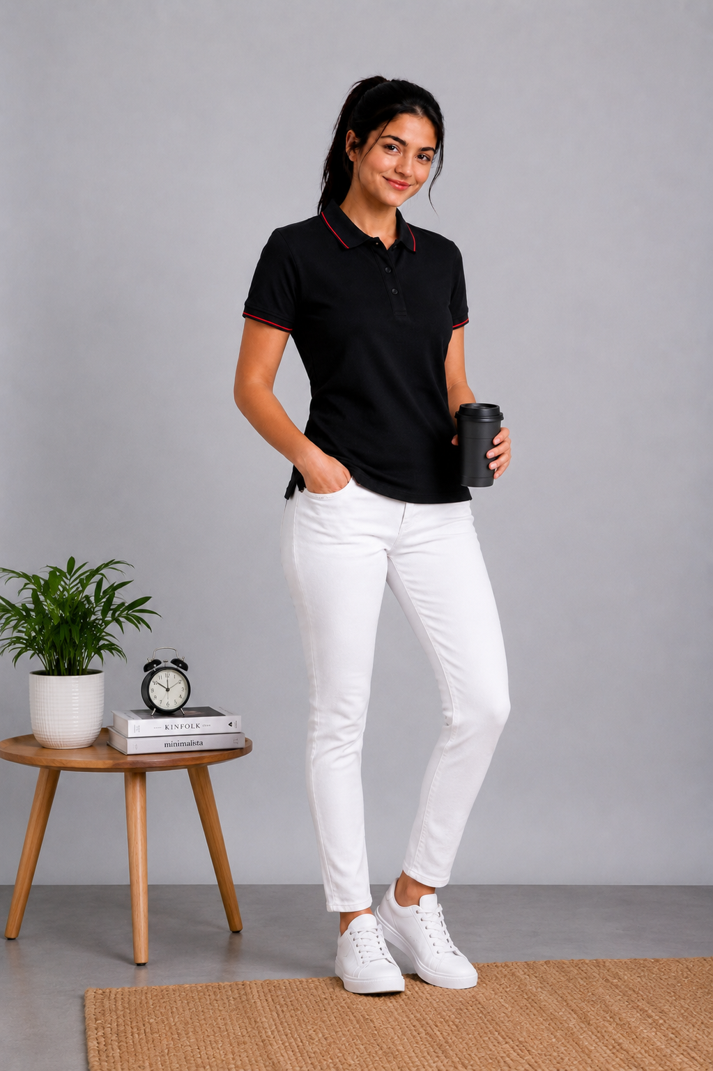 Attire Hub Womens Pure Cotton Black (Red Tipping) Solid Polo T-Shirt