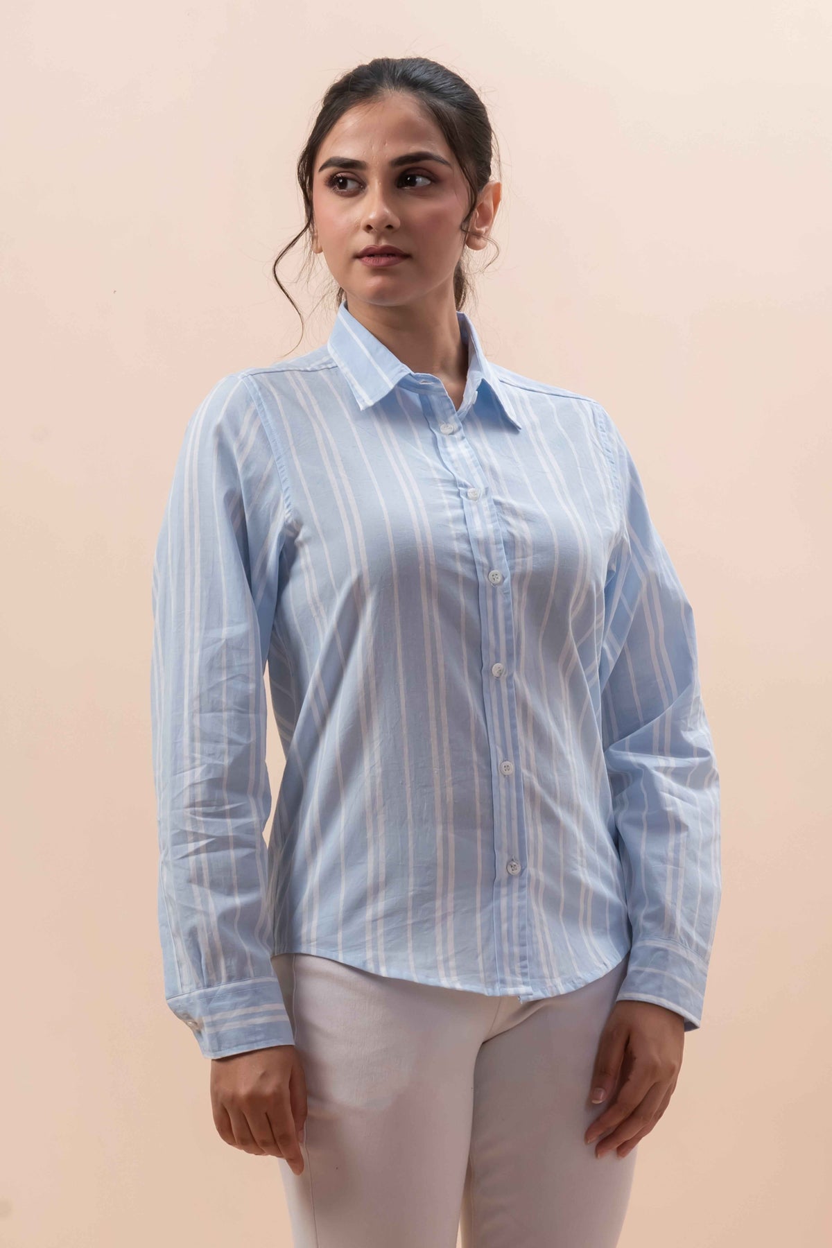 Attire Hub Womens Pure Cotton Light Blue Striped Shirt