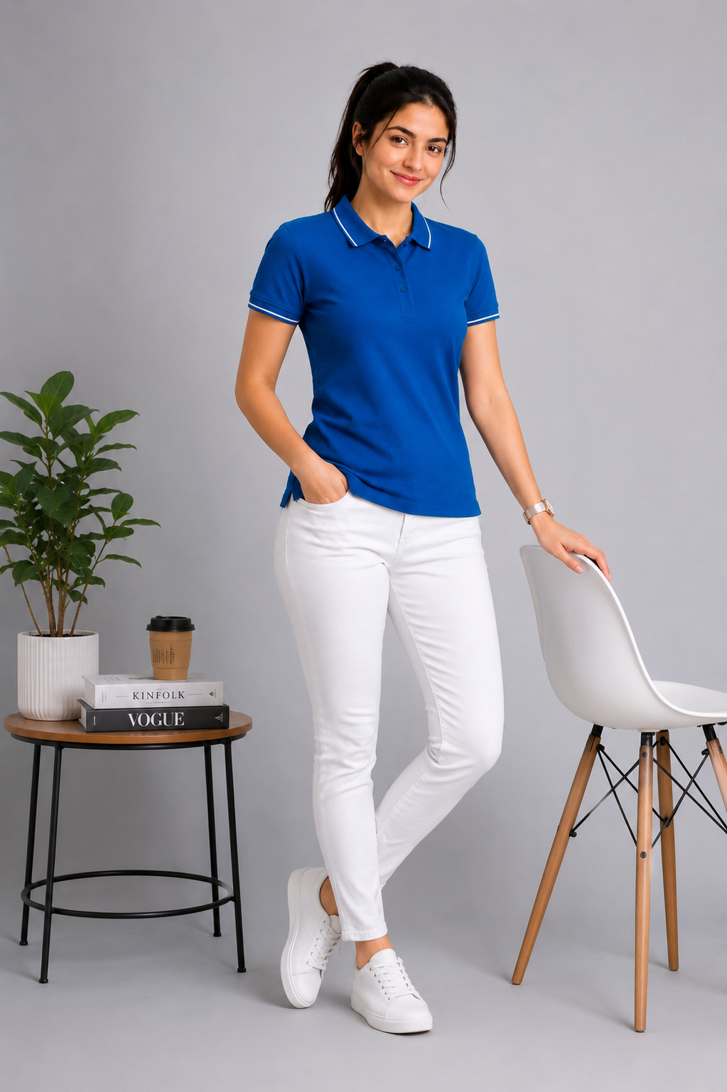 Attire Hub Womens Pure Cotton Royal Blue (White Tipping) Solid Polo T-Shirt