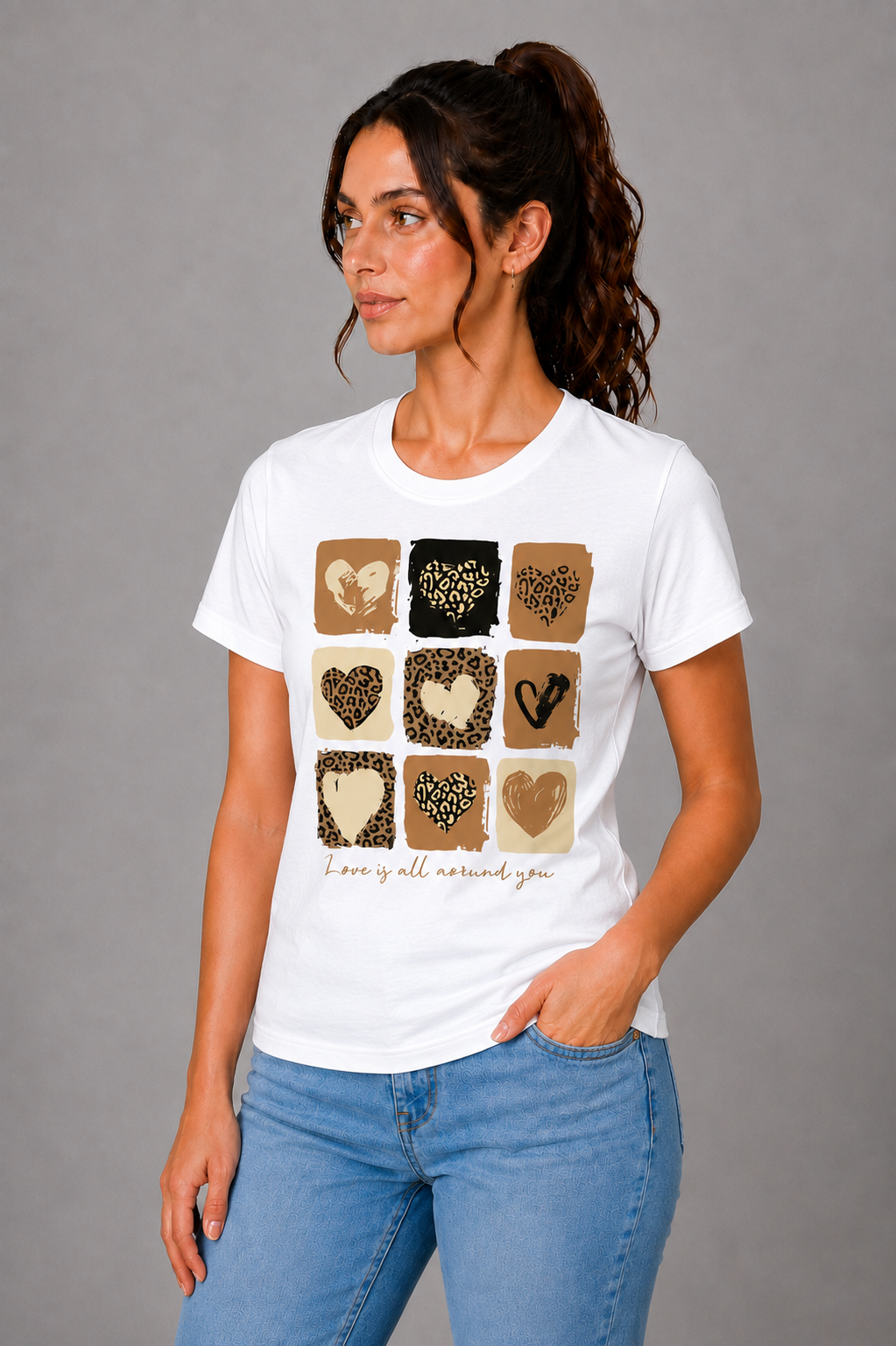 Attire Hub Womens Pure Cotton White Heart Printed Round T-Shirt