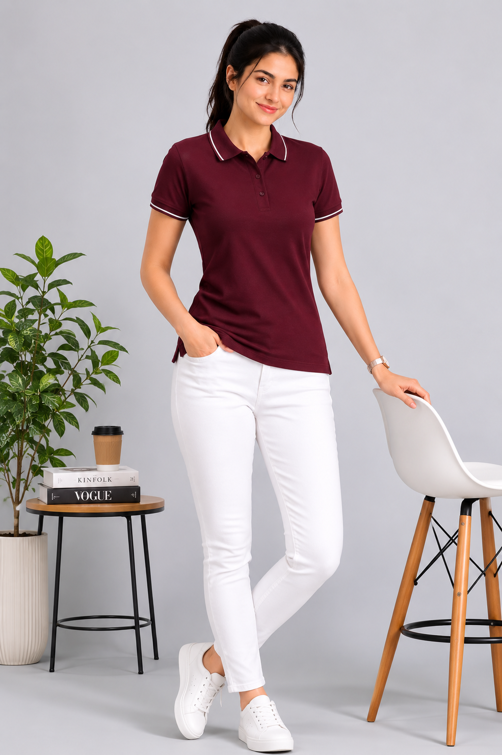Attire Hub Womens Pure Cotton Maroon (White Tipping) Solid Polo T-Shirt