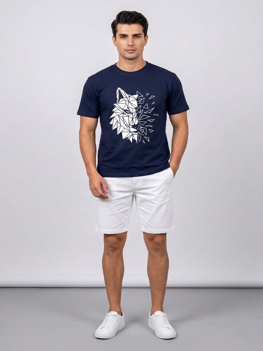 Attire Hub Mens Pure Cotton Navy Geomatric Wolf Printed Round T-Shirt