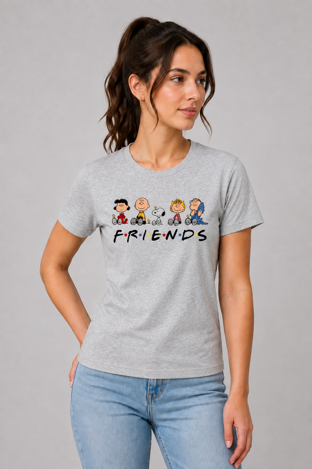 Attire Hub Womens Pure Cotton Grey Friends Printed Round T-Shirt
