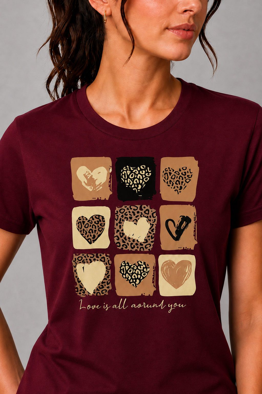 Attire Hub Womens Pure Cotton Maroon Heart Printed Round T-Shirt